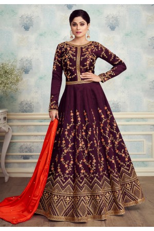 Shamita shetty purple silk embroidered floor length anarkali suit 8253