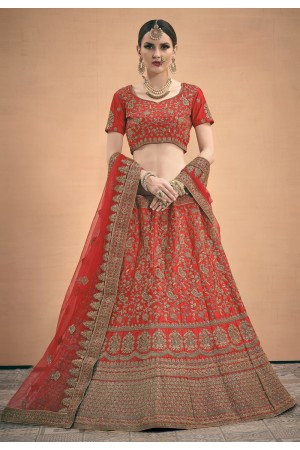 Red satin embroidered bridal lehenga choli 3005
