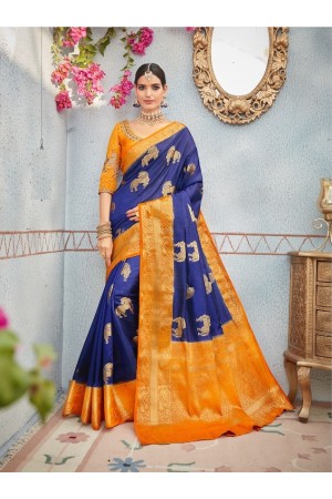 Blue and yellow banarasi silk wedding saree