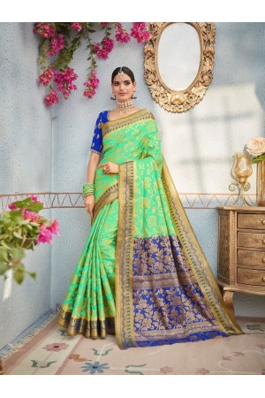Green and blue color banarasi silk wedding saree
