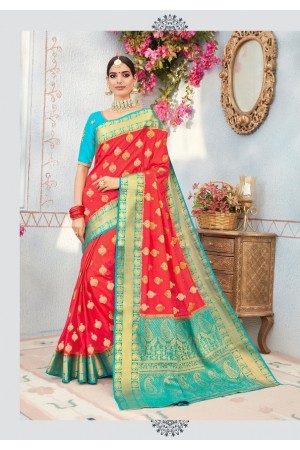 Red and blue banarasi silk wedding saree