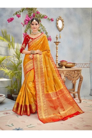 Yellow and Red color banarasi silk wedding saree