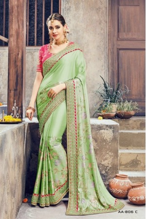 Mint green and pink crepe satin wedding wear saree