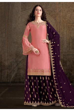 Pink satin embroidered kameez with palazzo 30038
