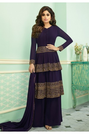 Shamita shetty purple georgette embroidered palazzo suit 7135