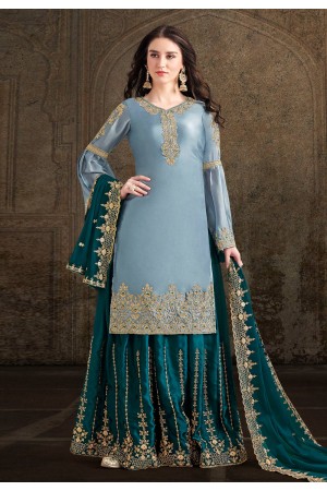 Sky blue satin embroidered palazzo suit 30037