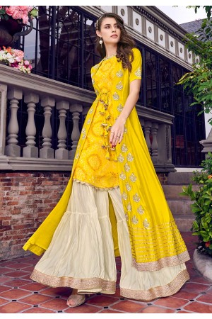 Yellow tussar sharara suit with jacket 6405