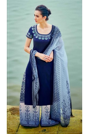 Blue and white color cotton palazzo salwar kameez