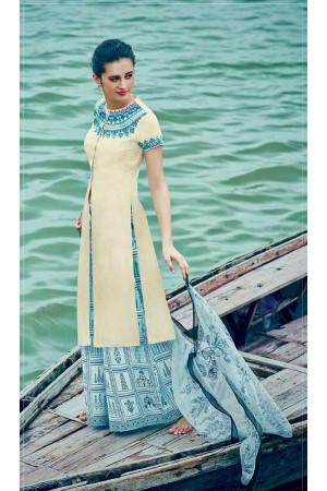 Cream and blue color cotton palazzo salwar kameez