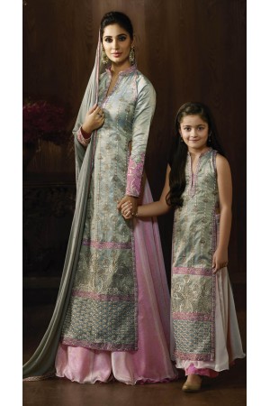 Grey and pink color raw silk party wear lehenga kameez