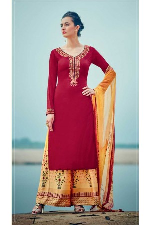 Red and yellow color cotton palazzo salwar kameez