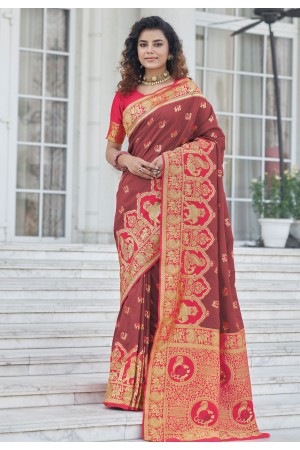 Brown banarasi silk festival wear saree 5374