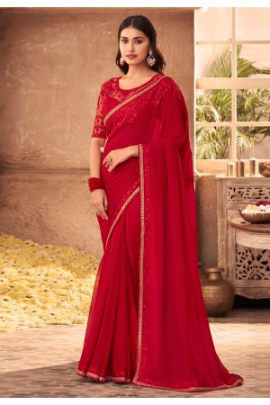 Red georgette saree with blouse 901