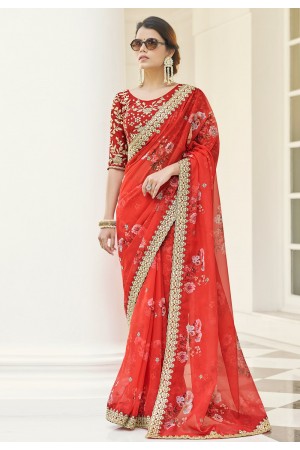 Red organza festival wear saree 9504