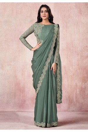 Sea green satin silk saree with blouse 21810