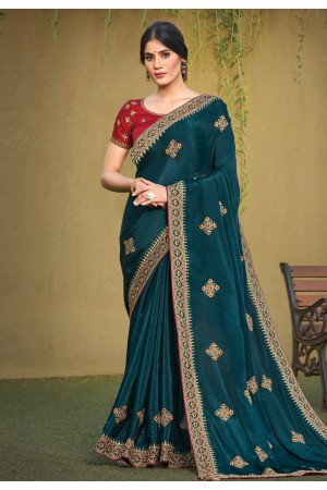 Teal satin silk saree with blouse 141805