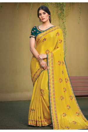 Yellow satin silk festival wear saree 141796