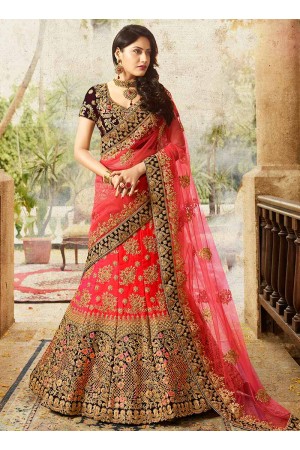 Pink and maroon silk velvet and net wedding lehenga choli