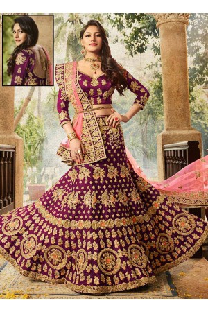 Purple color silk velvet and net wedding lehenga choli