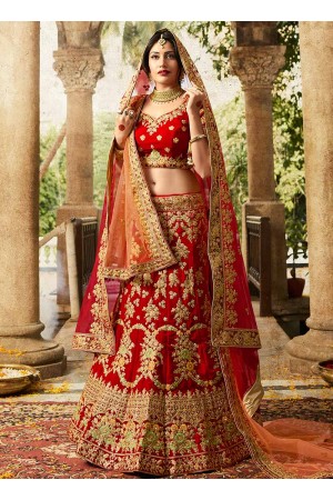 Red color silk velvet and net wedding lehenga choli