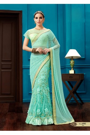 Aqua green knitted net wedding lehenga saree
