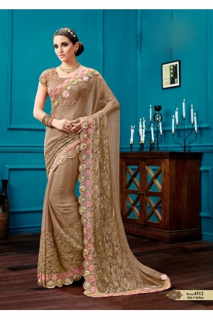 Beige silk chiffon wedding wear saree