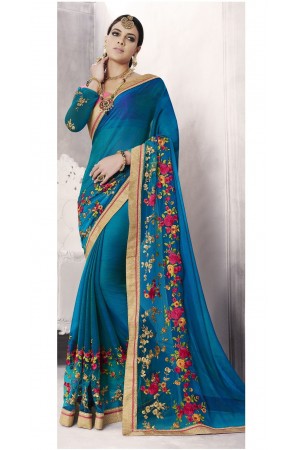 Party-wear-cyan-blue-color-saree