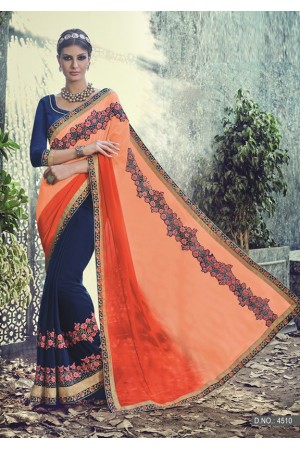 Party-wear-Peach-Blue-color-saree