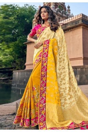 Cream silk embroidered festival wear saree 3806