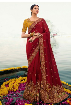 Maroon barfi silk embroidered party wear saree Palash9030