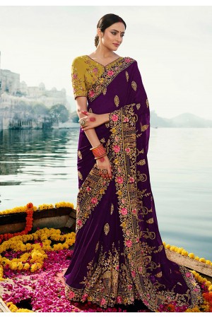 Purple barfi silk embroidered party wear saree Palash9032
