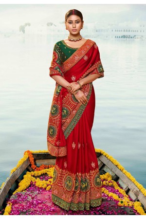 Red barfi silk embroidered saree with blouse Palash9039