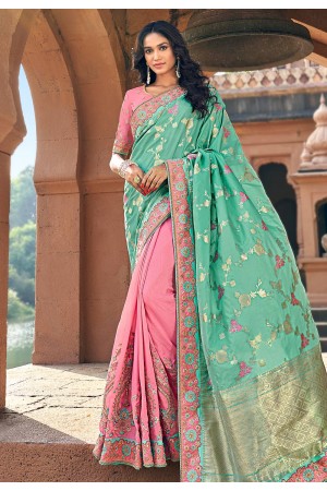 Sea green silk embroidered half and half saree 3803