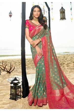 Sea green silk saree with blouse 90956