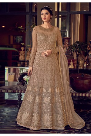 Beige net embroidered long anarkali suit 6801