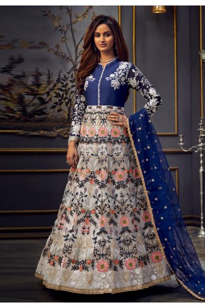 Blue net embroidered abaya style anarkali suit 7756