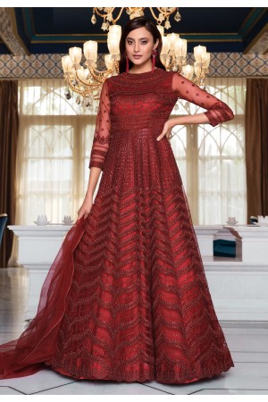 Maroon net embroidered long anarkali suit 4622