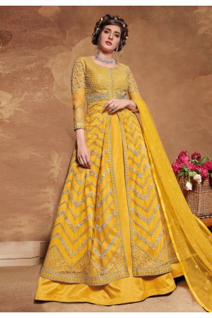 Yellow net embroidered jacket style anarkali suit 5104