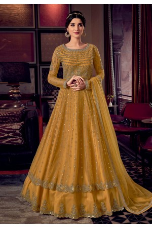 Yellow net embroidered layered long choli lehenga 6803