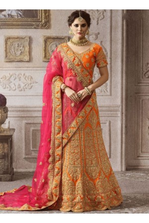 Orange pink color satin wedding lehenga 4005