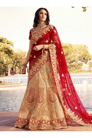 Red beige color silk wedding lehenga 13074
