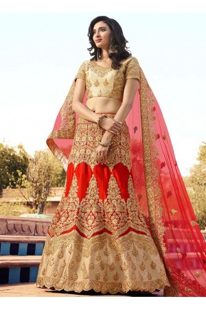 Red beige color silk wedding lehenga choli 13072