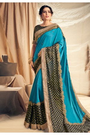 Aqua satin silk saree with blouse 11110