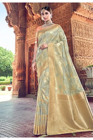 Gray banarasi silk saree with blouse 3010