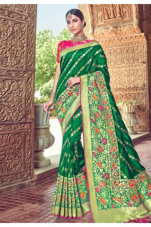 Green banarasi silk festival wear saree 3001