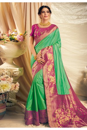 Green silk saree with blouse 11112