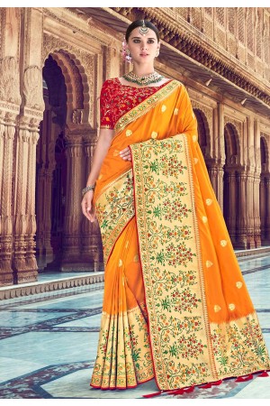Orange banarasi silk saree with blouse 3008