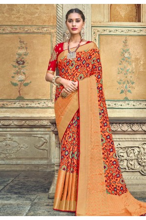 Orange banarasi silk saree with blouse 3105