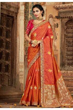 Orange banarasi silk saree with blouse 77441