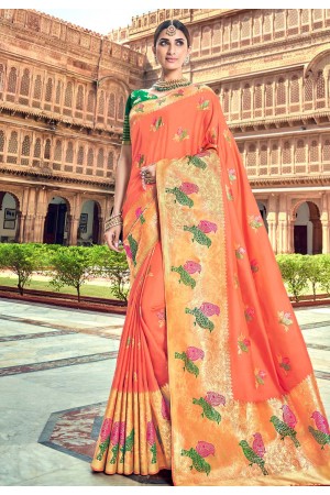 Peach banarasi silk saree with blouse 3004